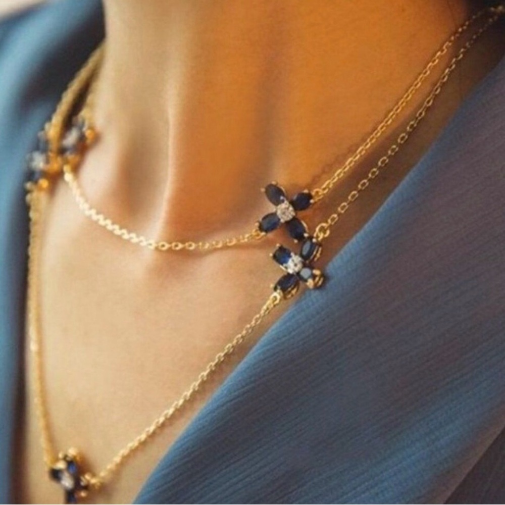 Tory Burch Statement Gold Layered Necklace with Sapphire Flower Accents NWT